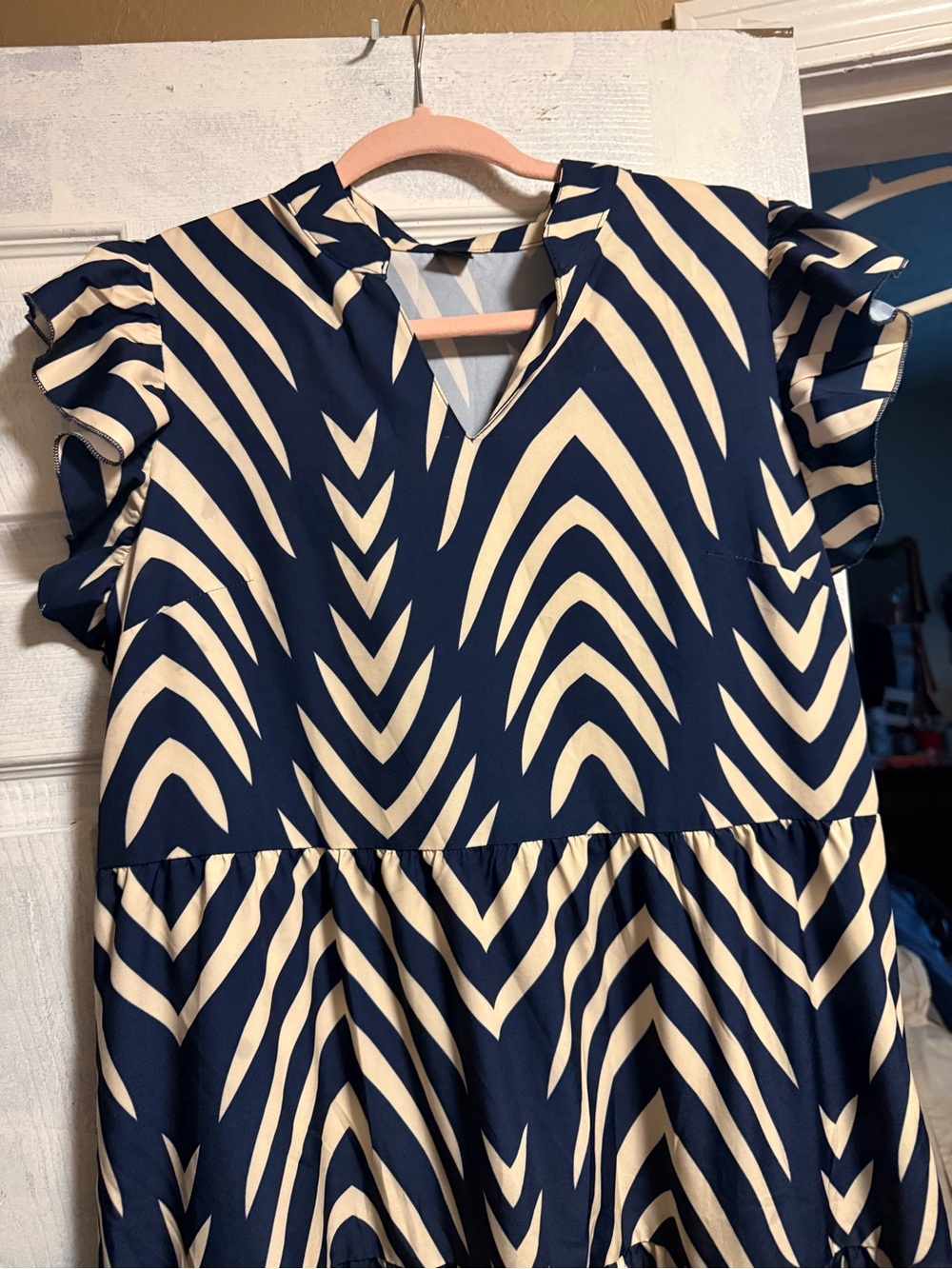 Navy and Cream Printed Ruffle-Sleeve Women's Dress